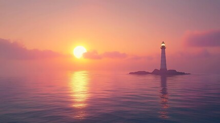A tranquil sunrise glowing above a lone lighthouse standing against the ocean horizon