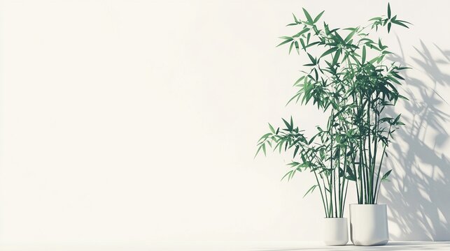 Minimalist office scene featuring a potted plant in the center against a bamboo and white background, elegant and serene illustration, perfect for modern workspace decor and interior design concepts.