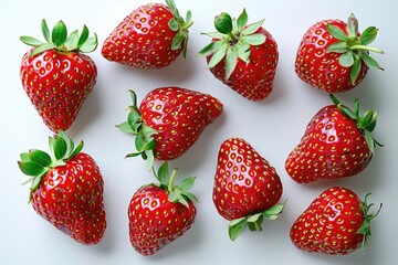 Ten ripe strawberries arranged on a white background, showcasing their vibrant red color and fresh green leaves.