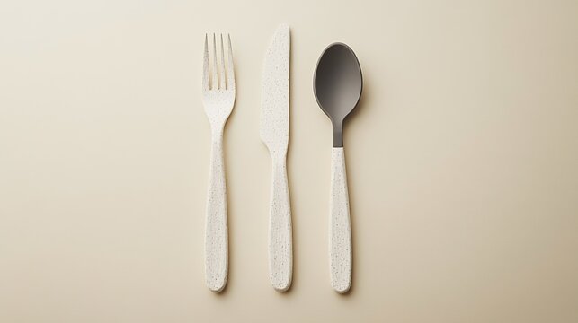Grey white eco-friendly plant fiber tableware made of rice husk material, with a light beige background, simulating natural paper texture, used for environmental slogans.