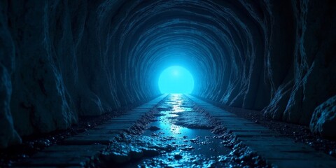 Obraz premium Mysterious subterranean passageway with a luminous exit, leading towards an unknown destination, showcasing a textured path and uneven terrain.