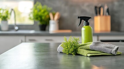 Clean kitchen table with disinfectant spray and towel, showcasing a simple sanitizing routine for hygiene and safety.