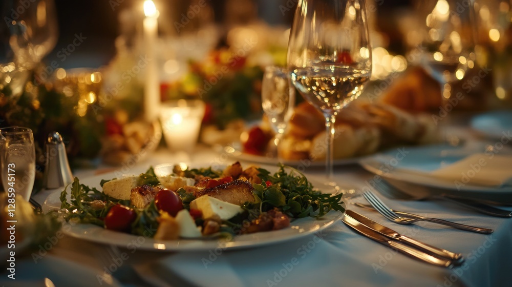 Aufkleber a still life of a dinner table setup with a plate of food and glasses of wine, perfect for editorial