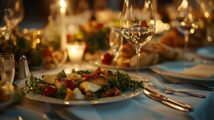 A still life of a dinner table setup with a plate of food and glasses of wine, perfect for editorial use