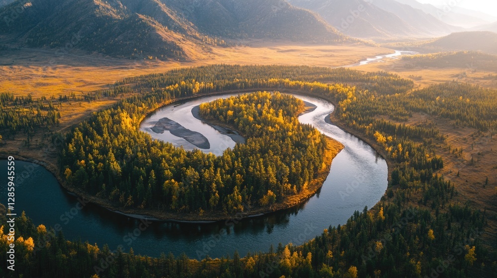 Aufkleber aerial view of a river flowing through a forest, perfect for use in nature-inspired designs and pres
