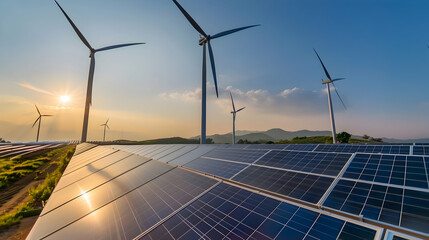 Expansive view of solar panels and wind turbines under a vibrant sunset in a renewable energy landscape