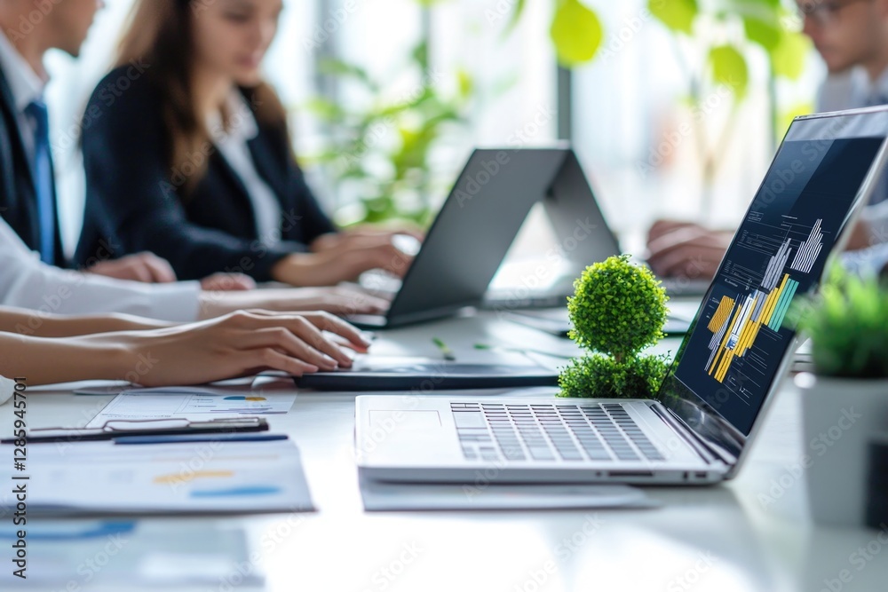 Poster a group of individuals gathered around a table with laptops, perfect for depicting teamwork or colla