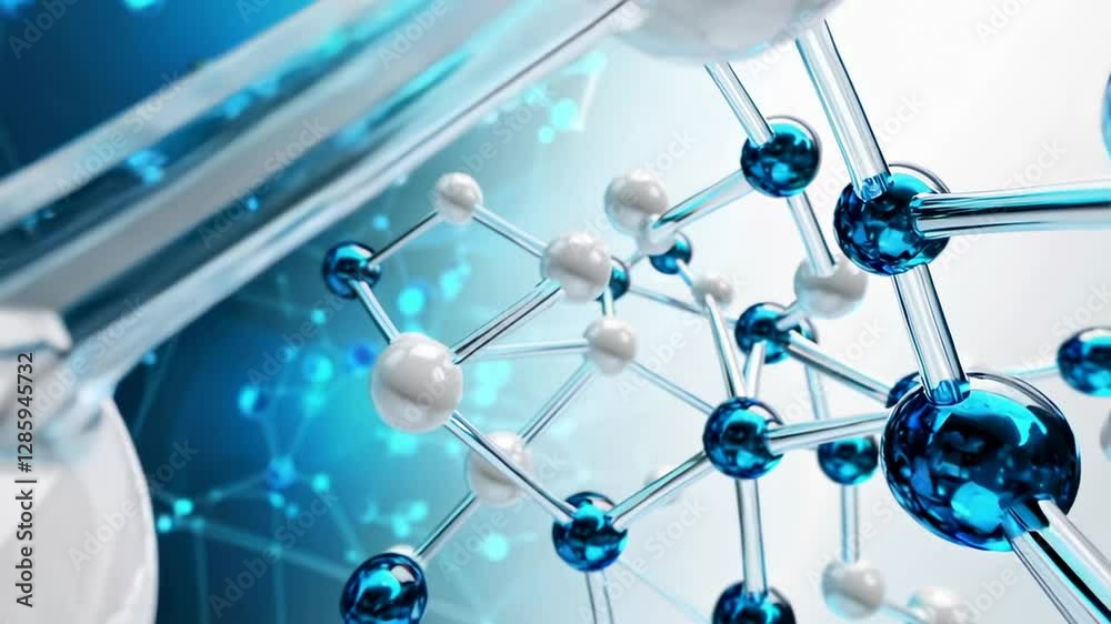 Poster rotating complex molecular structure revealing intricate scientific details against softly blurred l