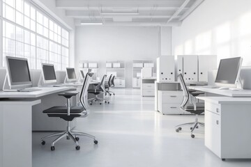 Office interior with many desks and computers, ideal for business or corporate use