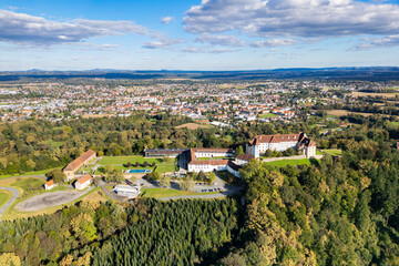 Aerial view of the Seggauberg Abbey in the southern Styria vinery region in Austria