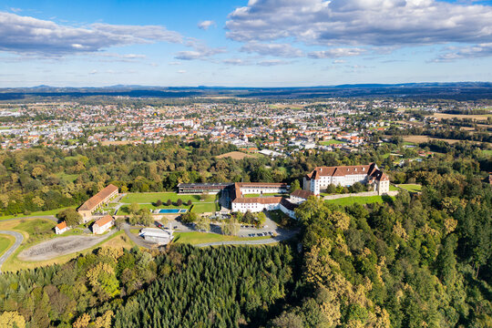 Aerial view of the Seggauberg Abbey in the southern Styria vinery region in Austria