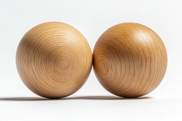 Two wooden eggs sit side by side on a plain white surface
