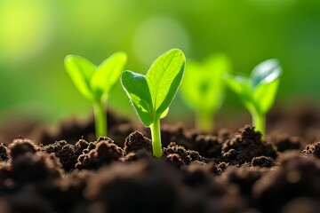 Fototapeta premium Freshly Sprouted Seedlings Growing in Rich Soil - A Symbol of New Beginnings