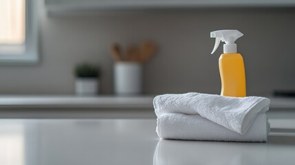 Clean kitchen table with disinfectant spray and towel, showcasing a simple sanitizing routine for hygiene and safety.