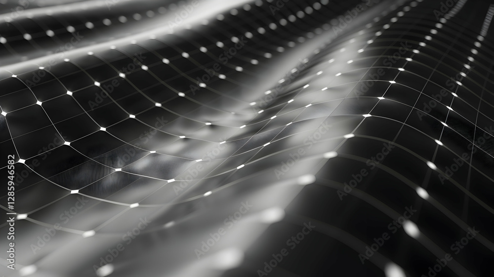 Poster abstract representation of flowing digital waves with a grid pattern, showcasing motion and depth