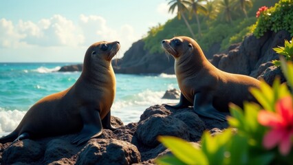 Obraz premium Two sea lions bask in the warm sunlight on volcanic rocks near the ocean, tropical flora in the foreground
