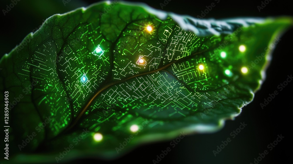 Poster a close-up view of a green leaf with light spots, ideal for use in nature or botanical illustrations