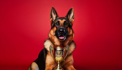 Obraz premium German Shepherd proudly sitting with police dog competition trophy on deep red background
