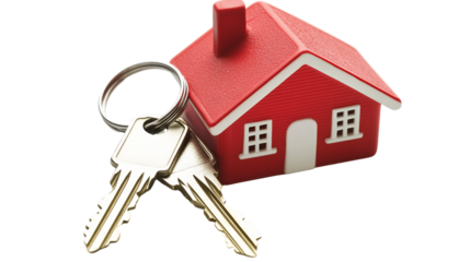 Red Toy House Keychain With Two Metal Keys On Transparent Background