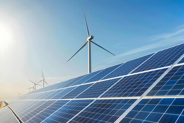 Solar panels in the foreground with wind turbines in the background under a clear blue sky