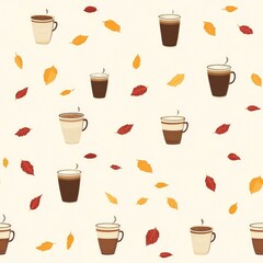Obraz premium Seamless Autumn Coffee Pattern with Falling Leaves and Steaming Cups