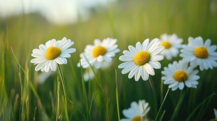 A bunch of white flowers growing wild in a green field