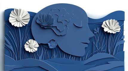 Serene Blue Illustration of Woman with Flowers and Water