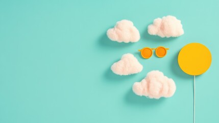 Creative Sky Scene with Clouds, Sunglasses, and Sun on Blue Background