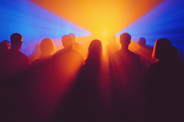 Fototapeta premium Crowd celebration dancing silhouettes against a blue and orange background
