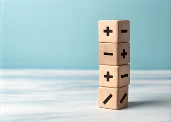 Wooden Blocks Stacked with Plus and Minus Signs Illustrating Balance and Growth