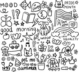 Hand drawn crayon outline illustrations of butterfly, fish, cat, puppy, bee, pride month flag, rainbow, watermelon, apple, book, heart, star, flowers, car for kid colouring book, cartoon, animals
