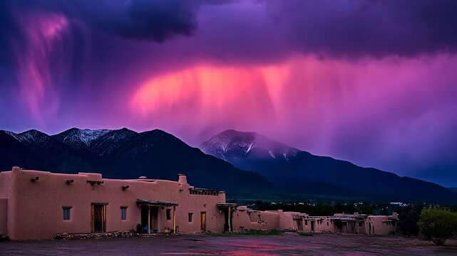 Sunset casts vibrant colors over adobe buildings against mountain backdrop in New Mexico