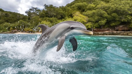 Naklejka premium Tropical Dolphin Leaping, Island Waters, Lush Foliage, Wildlife