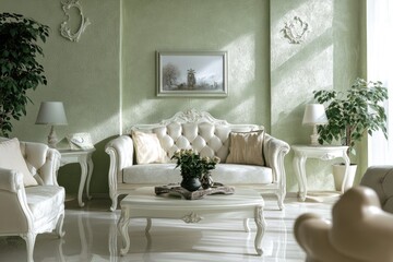 A modern living room with green walls and white furniture, perfect for a relaxing atmosphere