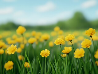 Fototapeta premium Blooming yellow wildflowers in lush green meadow with blurred background symbolizing spring renewal nature’s beauty floral harmony peaceful environment scenic countryside serenity