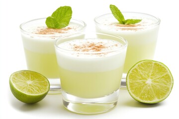 Three Glasses Displaying Beverages with Mint and Fresh Lime Slices