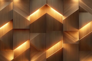 modern minimalist hallway with floating wooden panels indirect led lighting geometric shadows warm neutral palette