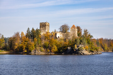 Abandoned ruin on a peninsula in the Ottensteiner water reservoir lake in Austria. Beautiful autumn...