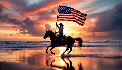 A cowboy gallops along the beach at sunset, holding the American flag high in the wind.
- Powered by Adobe