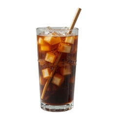 Modern glass tumbler with iced coffee, visible ice cubes  and bamboo straw

