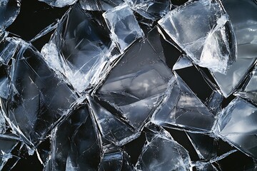 Shattered glass fragments on black background.