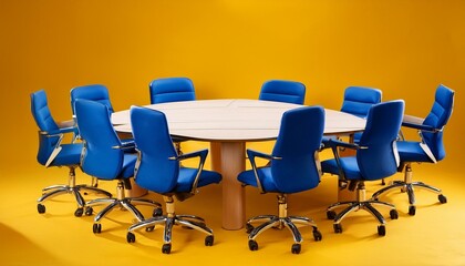 Set of blue conference room furniture on yellow