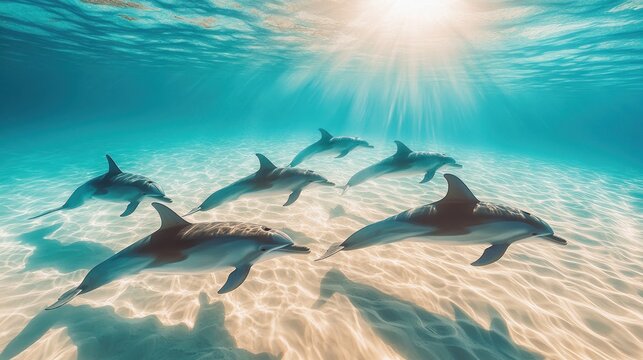 Tropical dolphins swimming underwater, sunbeams, sandy ocean floor