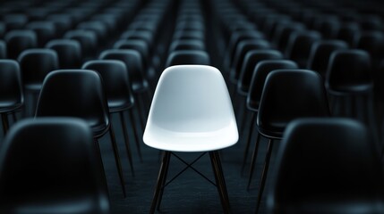 Obraz premium Single white chair in a crowd of black chairs, moody dark background, 3D render, leadership focus 