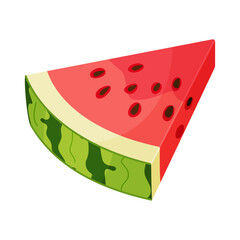 Vector illustration of a watermelon wedge. Triangle shaped watermelon slice Hand drawn trendy flat style isolated icon on a transparent background. Ripe juicy red watermelon icon. 