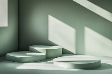 modern minimalist product showcase featuring floating geometric platforms in sage green illuminated by dramatic diagonal sunlight casting long shadows