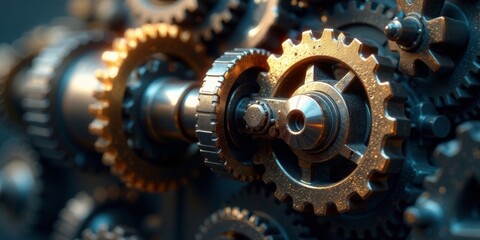 Intricate Metallic Gear System Close-Up A Detailed View of Interlocking Cogs and Wheels in Motion