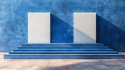 Two blank panels stand proudly on blue steps bathed in warm sunlight. AI Generated