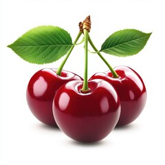 Fresh Cherries on Stems Against White Background