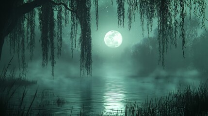 Mysterious moonlit swamp serene night scene. AI Generated